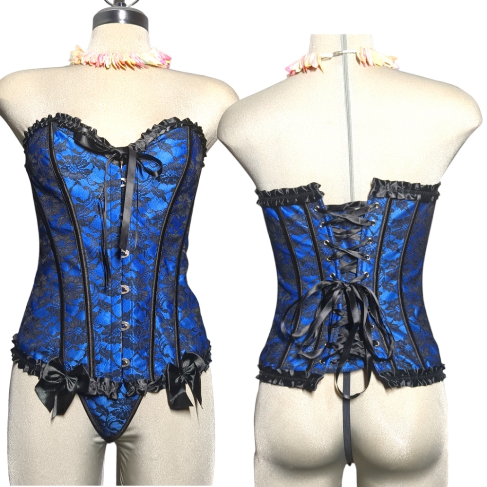 NEW- Blue and Black Satin        and Lace  Corset  Set   Size M